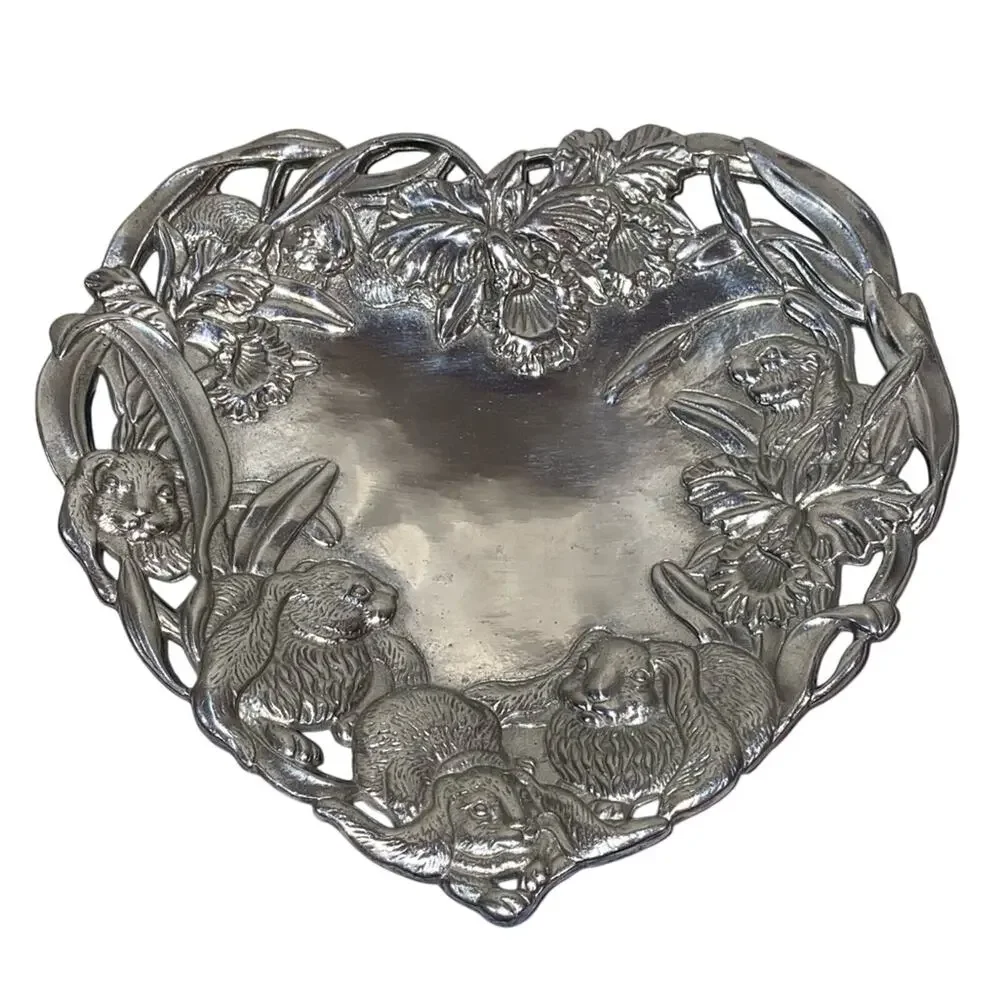 Arthur Court 1993 Bunny Orchid‎ Heart Platter Aluminum Vintage Tray